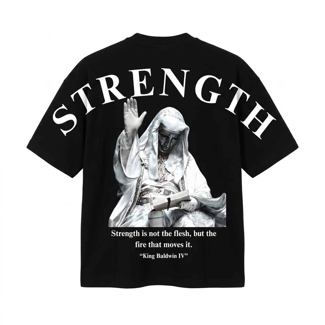 STRENGTH fekete póló – hátoldal, 3D termékkép