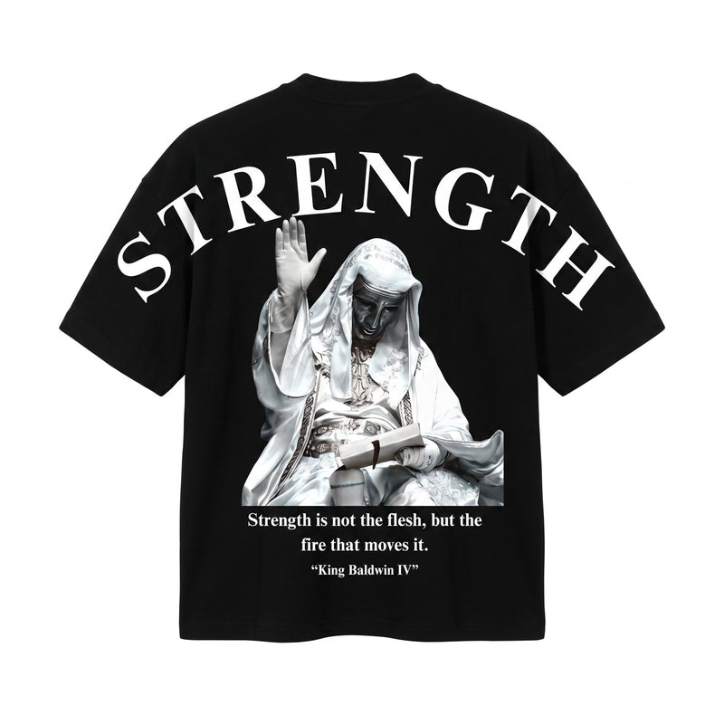 STRENGTH fekete póló – hátoldal, 3D termékkép
